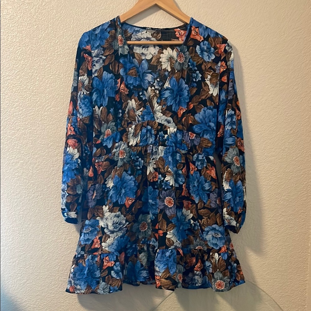 Zara Blue and Brown Ruffled Tunic Dress